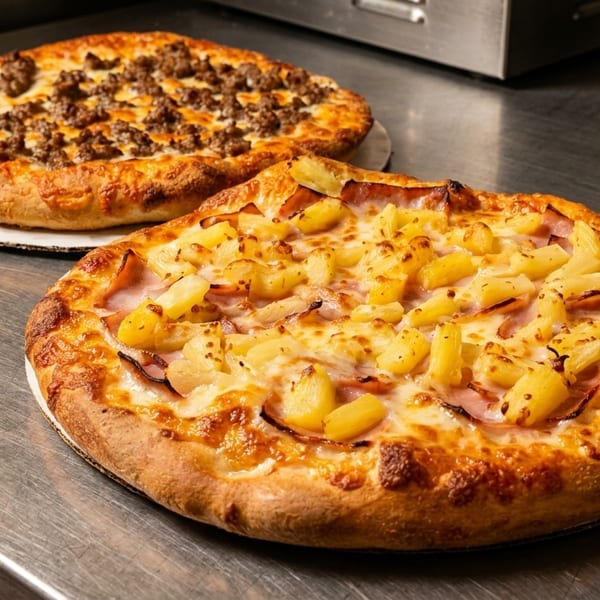 Hawaiian pizza and sausage pizza on a stainless steel counter.