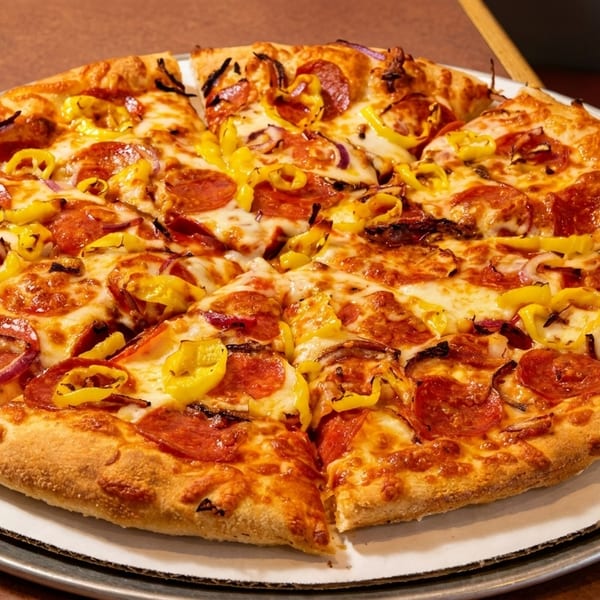 Large pizza with pepperoni, red onions, and yellow banana peppers, served on a metal tray.