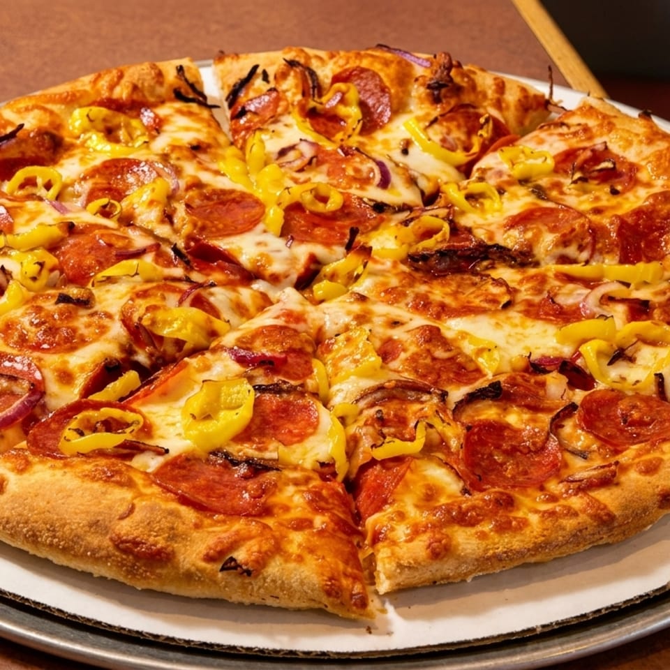 Large pizza with pepperoni, red onions, and yellow banana peppers, served on a metal tray.