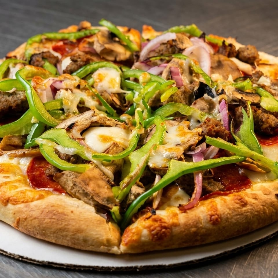 Whole pizza loaded with green peppers, red onions, mushrooms, sausage, and pepperoni.