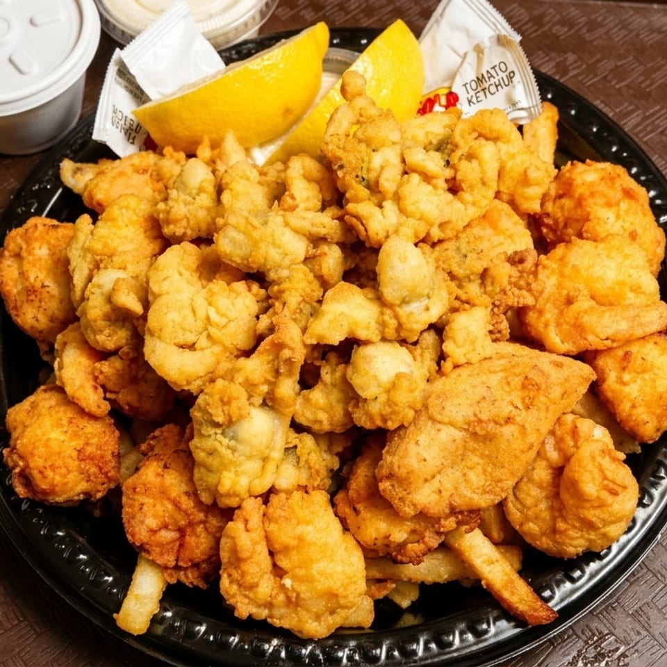 Black plate filled with golden fried clams, shrimp, and fries, with lemon wedges and sauces.