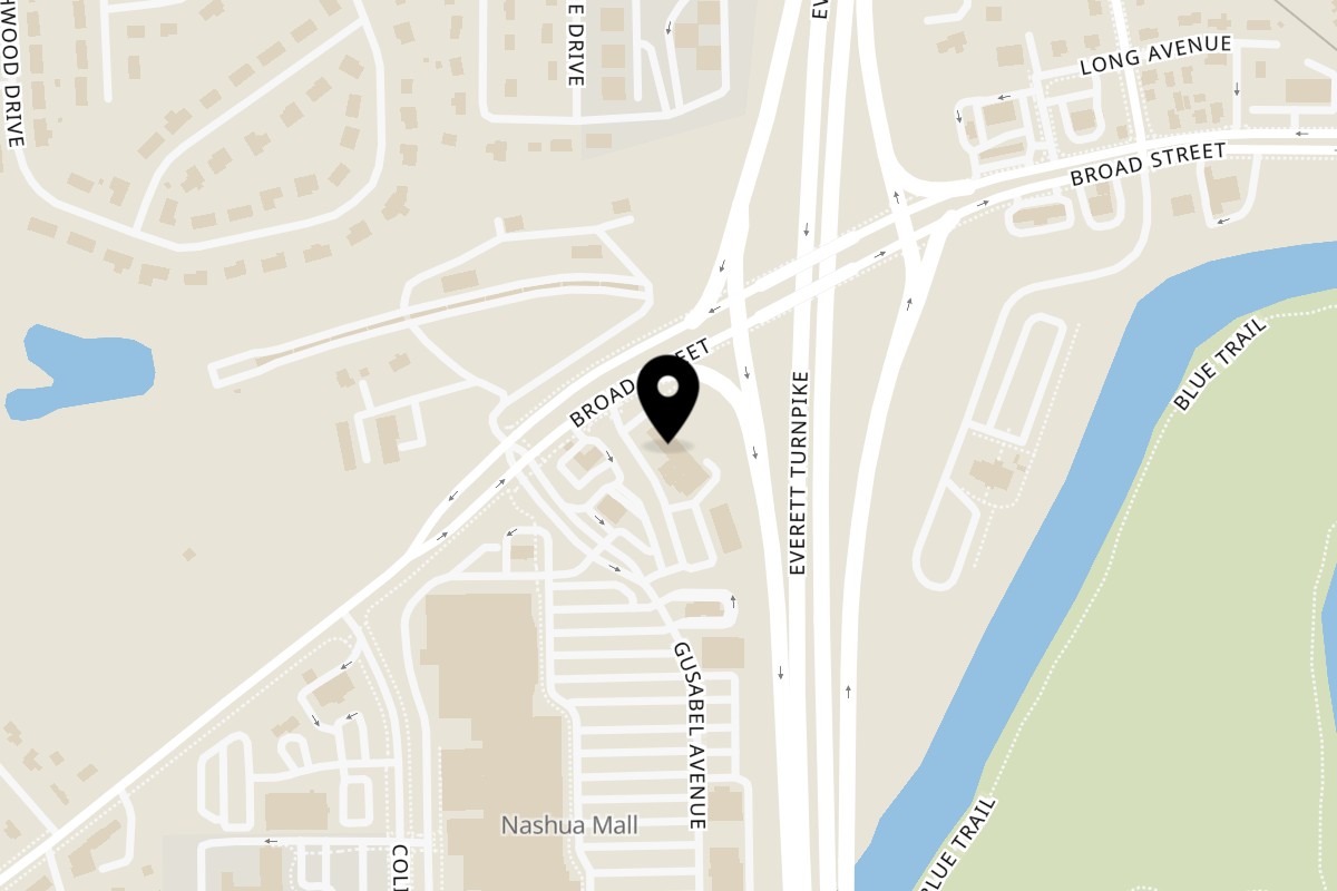 Map showing the location of Aegean Pizza & Seafood on 150 Broad St in Nashua